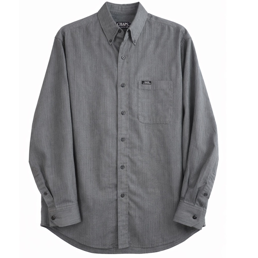 Chaps Ralph Lauren Men's Button-Down Shirt Large Gray Herringbone 100%‎ Cotton